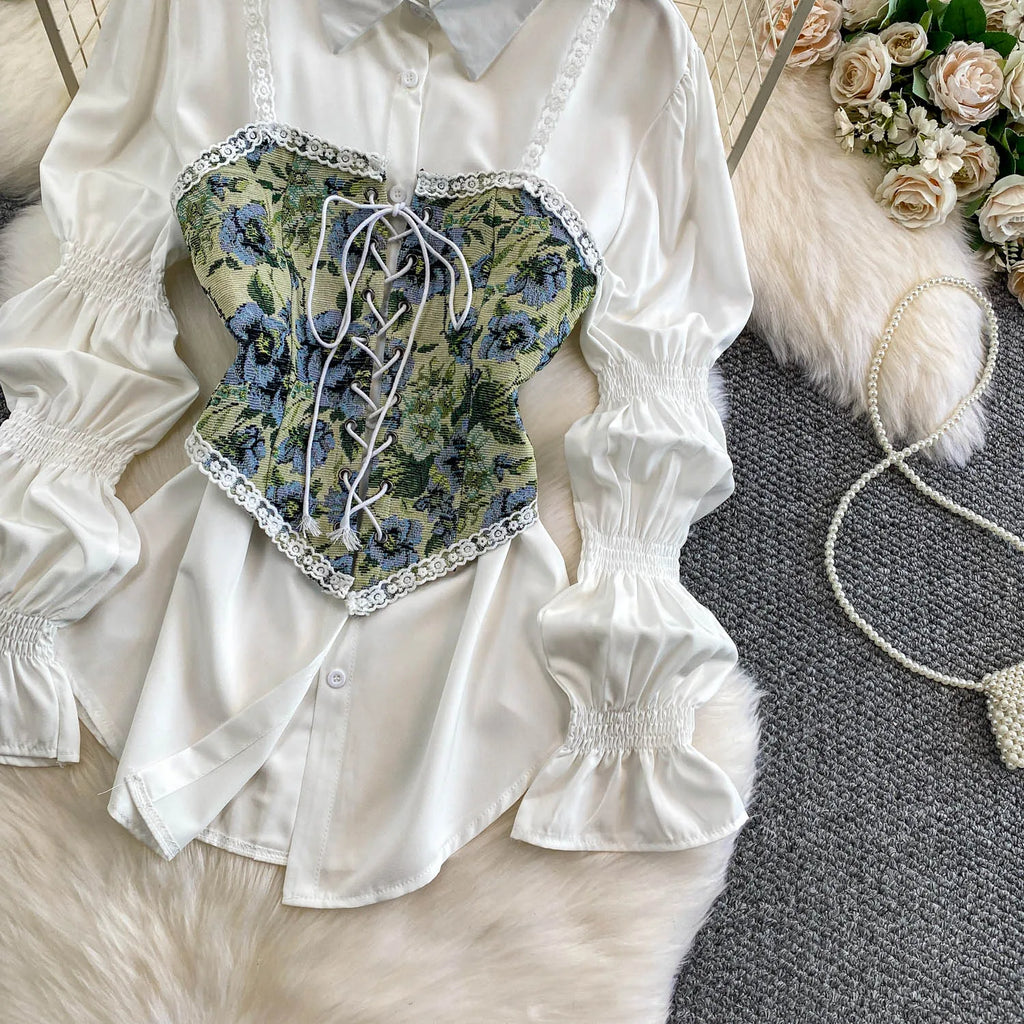 Retro Lace Patchwork Bell Sve irt Set Sweet Sle Slimming Waist Design Strap Top Versatile Long Sve Printed Casual Wear