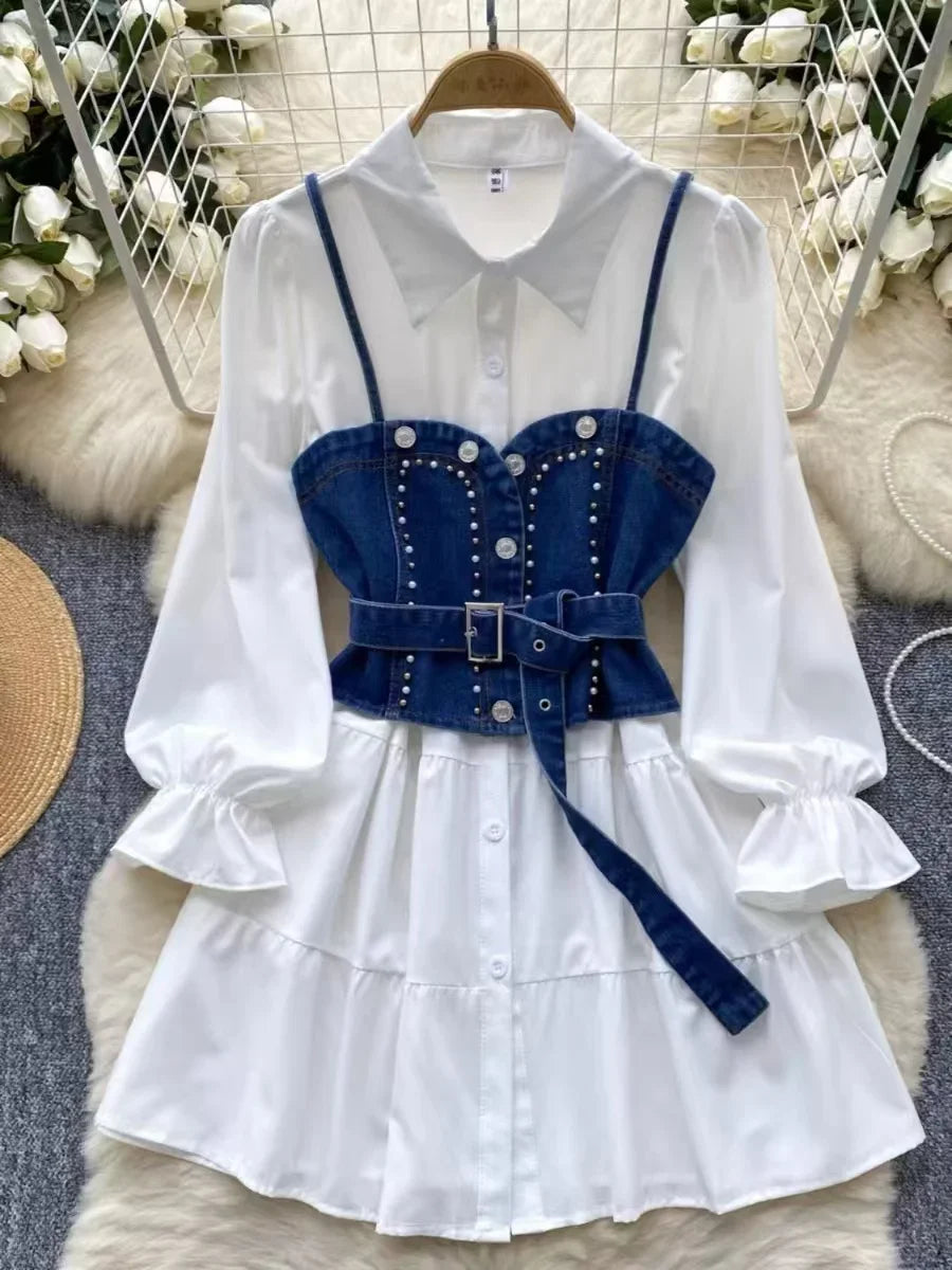 Two-piece Set White Shirt + Denim Vest Autumn 2024 Retro Long Sleeved Single Breasted Shirt Dress