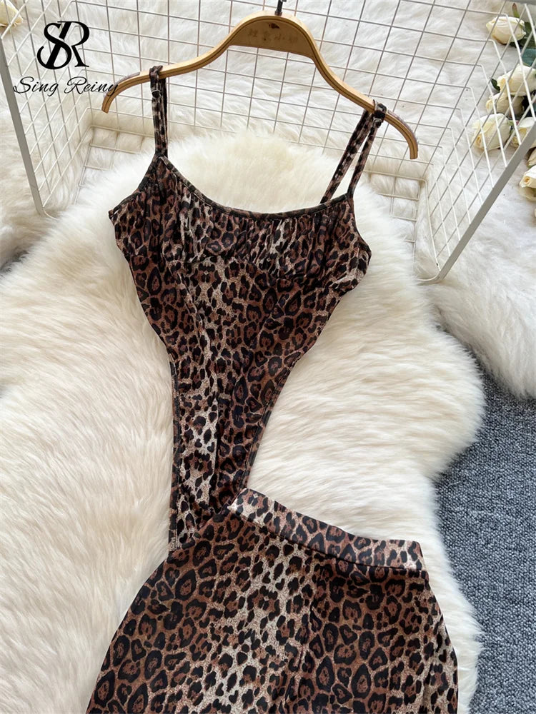 SINGREINY 2026 Newest Leopard 2pcs Suits Women Sexy Strap Tops+Elastic Waist Flared Pants American Ins Fashion Hotsweet Sets