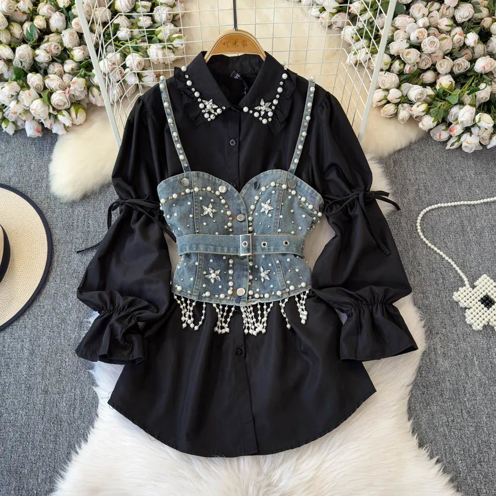 Women Winter Luxury Trendy 2pc Outfit Lady Gothic Punk Vintage Lolita Princess Sets Blouse Dress Denim Vest Motor Bike Lady Suit