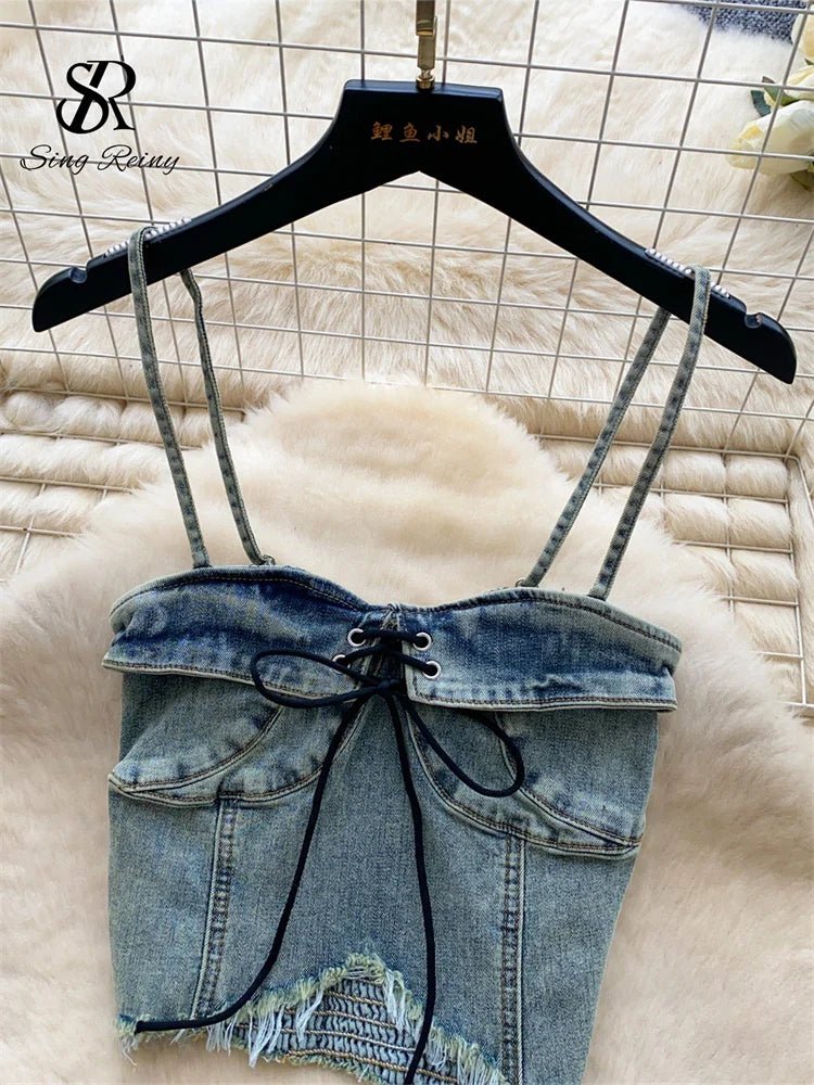 Denim Edgy Three-Piece Sets: Stretchy Curve Sexy Tops, Raw Hem Shorts, and Strap Leg Warmer. Fashion High Quality Summer Sets.