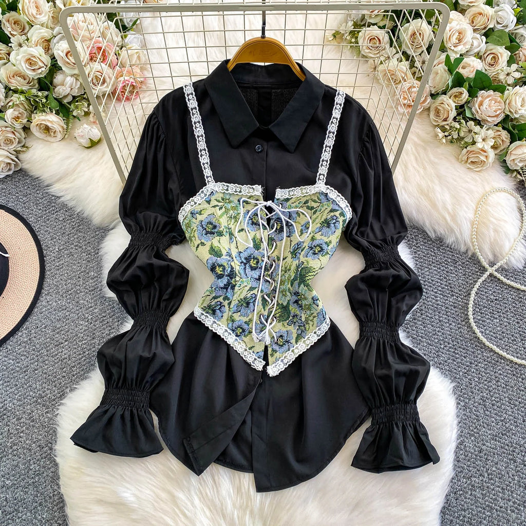 Retro Lace Patchwork Bell Sve irt Set Sweet Sle Slimming Waist Design Strap Top Versatile Long Sve Printed Casual Wear