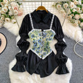 Retro Lace Patchwork Bell Sve irt Set Sweet Sle Slimming Waist Design Strap Top Versatile Long Sve Printed Casual Wear