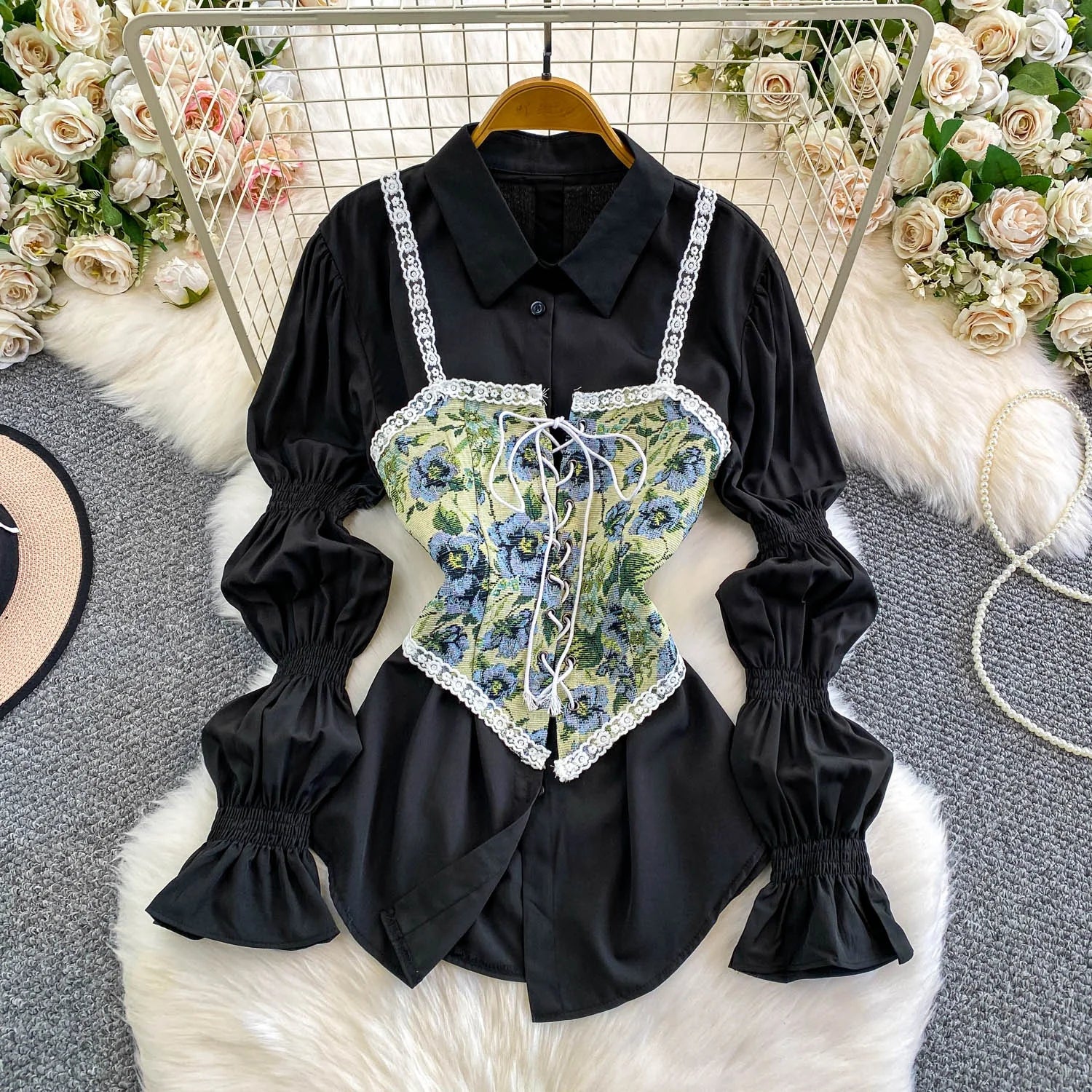Retro Lace Patchwork Bell Sve irt Set Sweet Sle Slimming Waist Design Strap Top Versatile Long Sve Printed Casual Wear