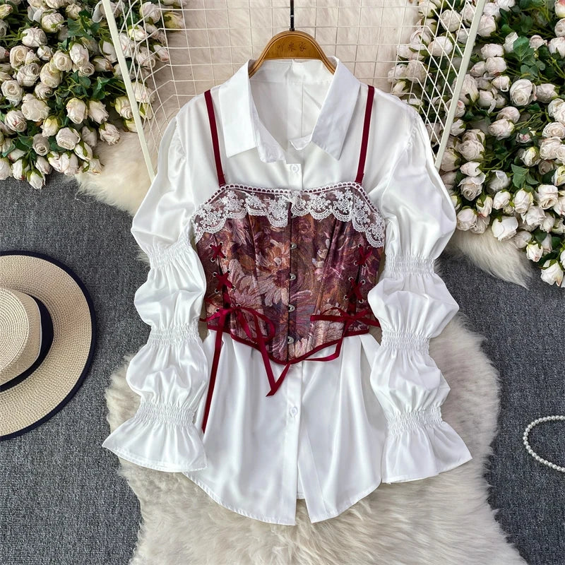 XFPV Elegant 2 Pieces Set Lace Splicing Waist-cinching Slim Jacquard Camisole + Versatile Lantern Sleeve Shirt 2026 Spring New