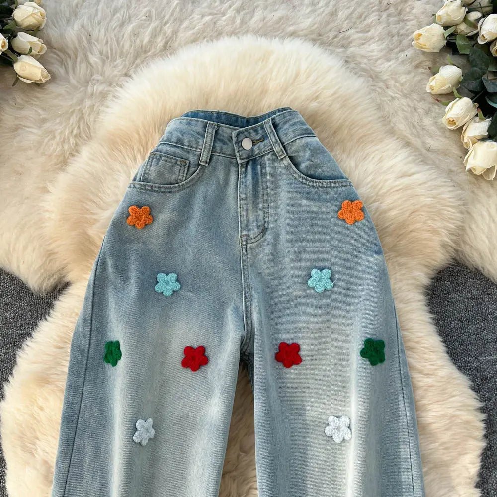 Women’s Denim Jeans Solid Pants Embroidered Floral Pocket Button Zipper Fly Empire Waist Wide Leg Pants Streetwear 2026 Spring
