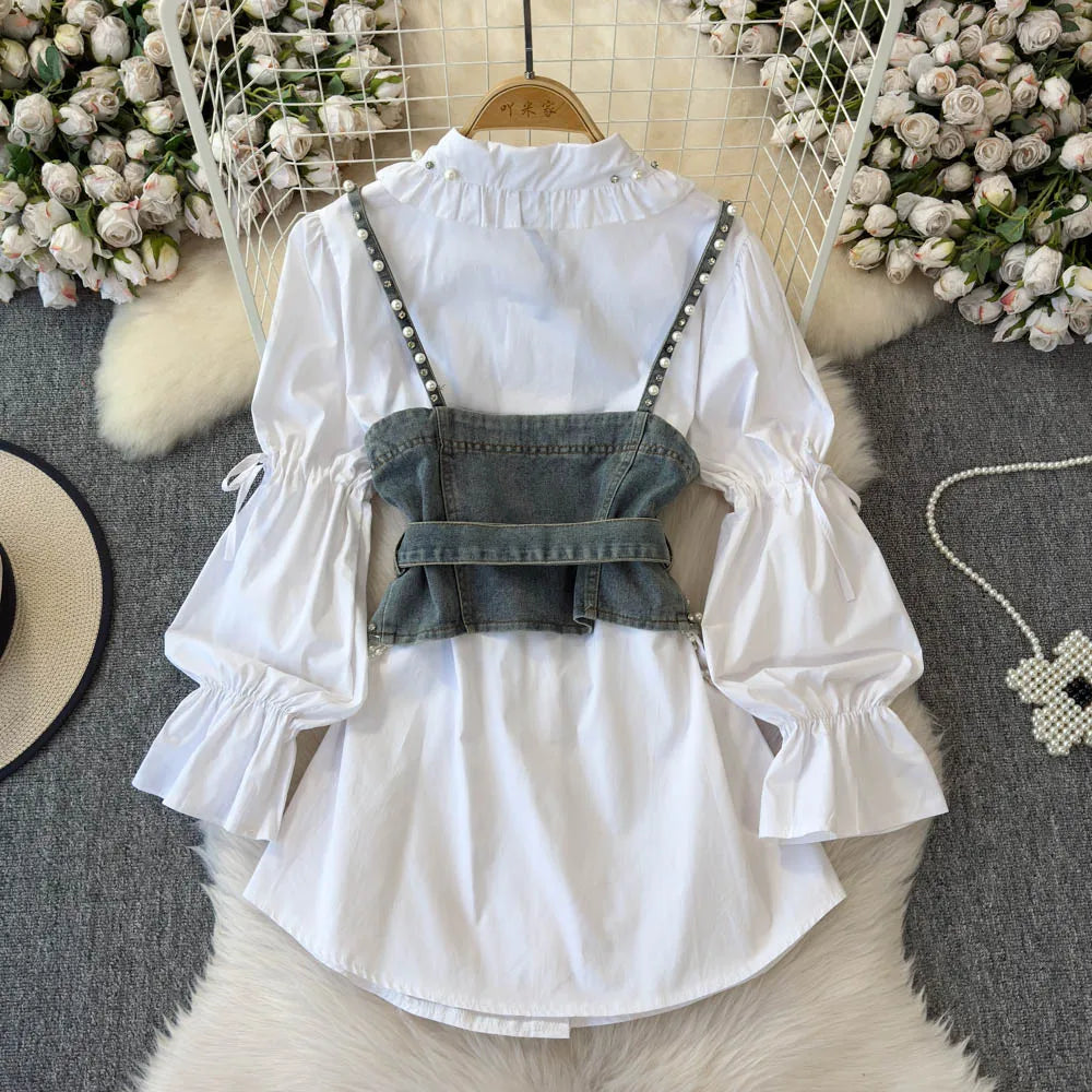 Women Winter Luxury Trendy 2pc Outfit Lady Gothic Punk Vintage Lolita Princess Sets Blouse Dress Denim Vest Motor Bike Lady Suit