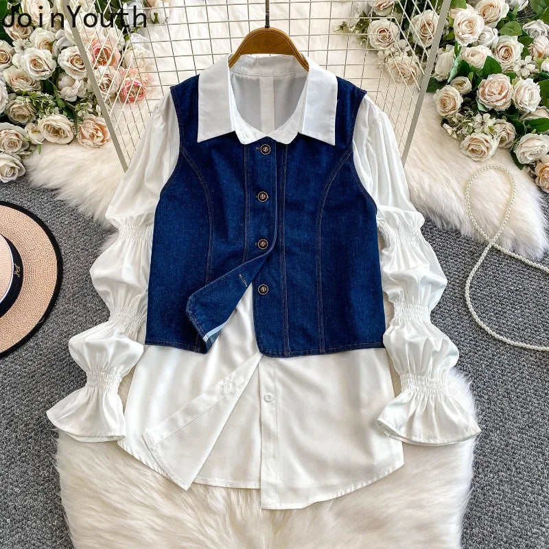 2 Piece Sets Women's Clothing 2025 Lantern Sleeve White Shirts Slim Fit Single-breasted Denim Vest Coat Suit Chic Casual Outfits
