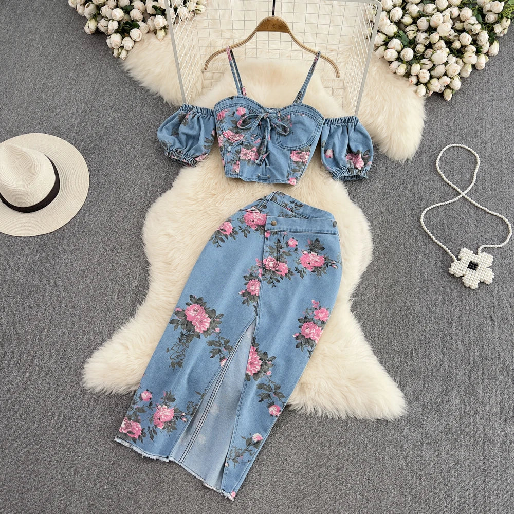 Women 2 Piece Set Denim Fashion Female Hot Girl Chic Sexy Sling Top High Waist Irregular Split Skirt Summer Lady Suit