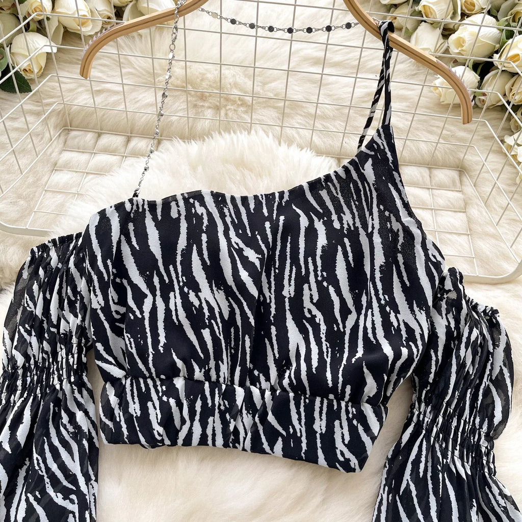 Women’s chiffon tie chain hollow out print bodycon sheer tops, female shirring tees, tops, summer. - MODE SEPHRA