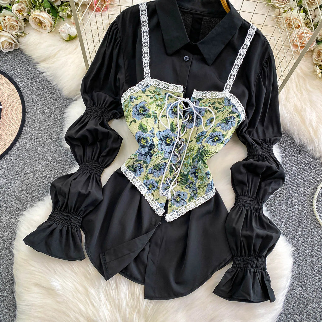 Retro Lace Patchwork Bell Sve irt Set Sweet Sle Slimming Waist Design Strap Top Versatile Long Sve Printed Casual Wear