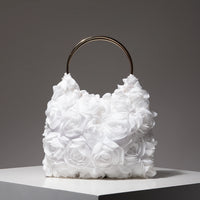 Ladies’ elegant tote bags, prom dresses, and party bags with random patterns.