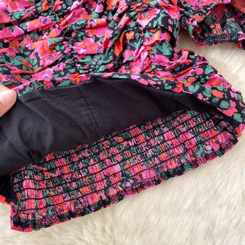 Blouses Fashion French Style Square Neck Bubble Sleeve Shirt Women Summer 2025 Pleated Waist Slim Fit Floral Top