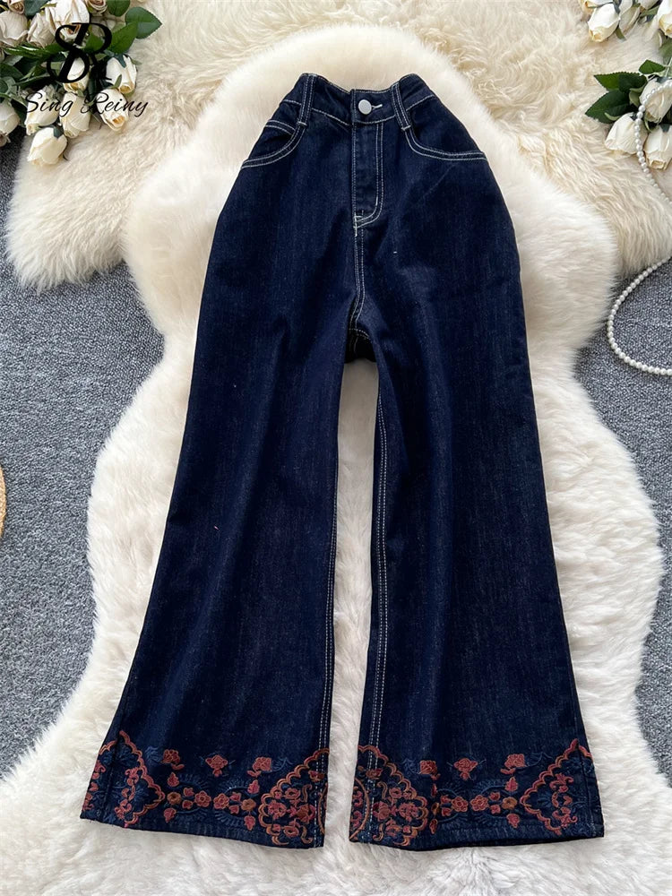 SINGREINY Korean Fashion Denim Pants Women's High Waist Embroidery Chic Wide Legs Trousers Autumn Loose Casual Daily Jeans