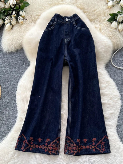 Fashion Denim Pants Women's High Waist Embroidery Chic Wide Legs Trousers Autumn Loose Casual Daily Jeans