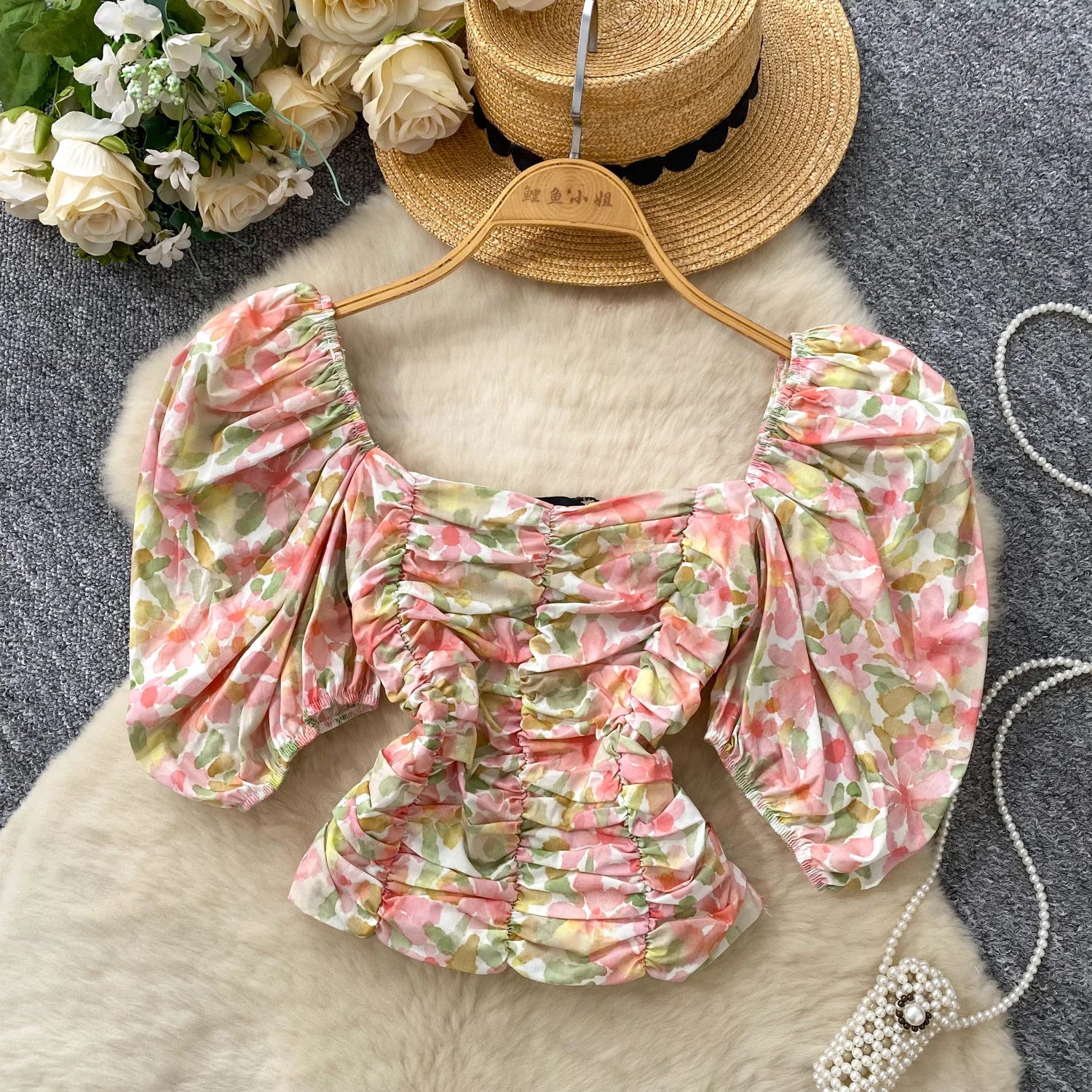 Blouses Fashion French Style Square Neck Bubble Sleeve Shirt Women Summer 2025 Pleated Waist Slim Fit Floral Top