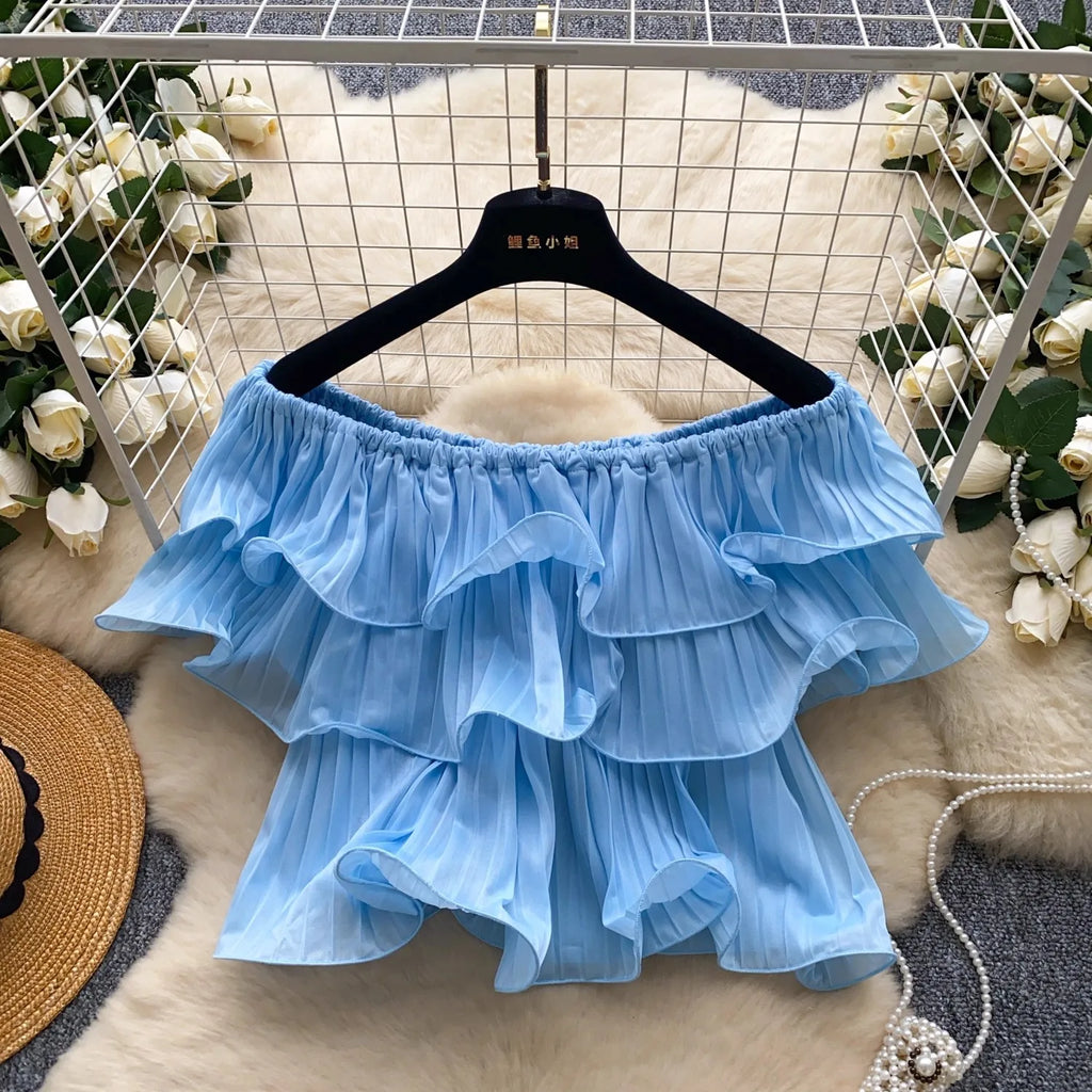 New Summer Sweet Chic Slash Neck Folded Ruffles Chiffon Shirt Women's Sexy Sleeveless Black White Short Blouses Pullover Tops