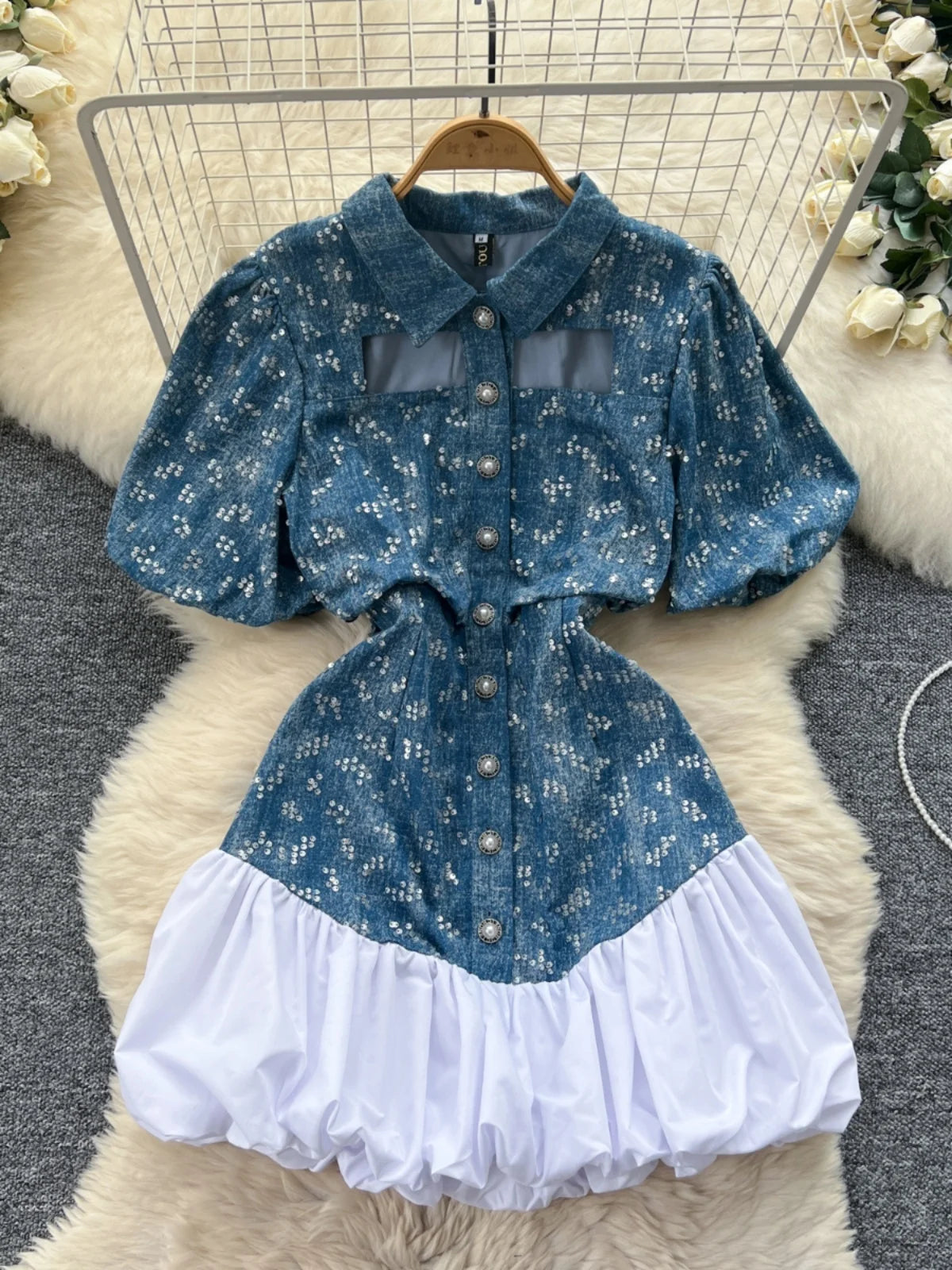 Elegant Hollow Out Sequins Jeans Dresses Shirt Women Patchwork Ball Gown Single Breasted Pearl Blue White Short Evening Dress