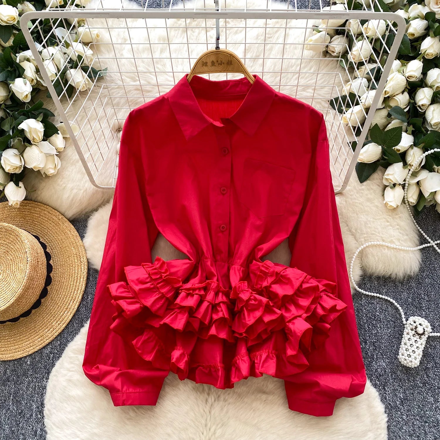 Ele Long Sve irt Women's Faionable Gathered Waist Lace Trim Top Luxury Sensation Spring Autumn Seasonal Lightweight