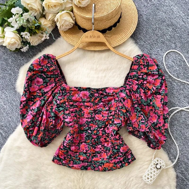 Blouses Fashion French Style Square Neck Bubble Sleeve Shirt Women Summer 2025 Pleated Waist Slim Fit Floral Top