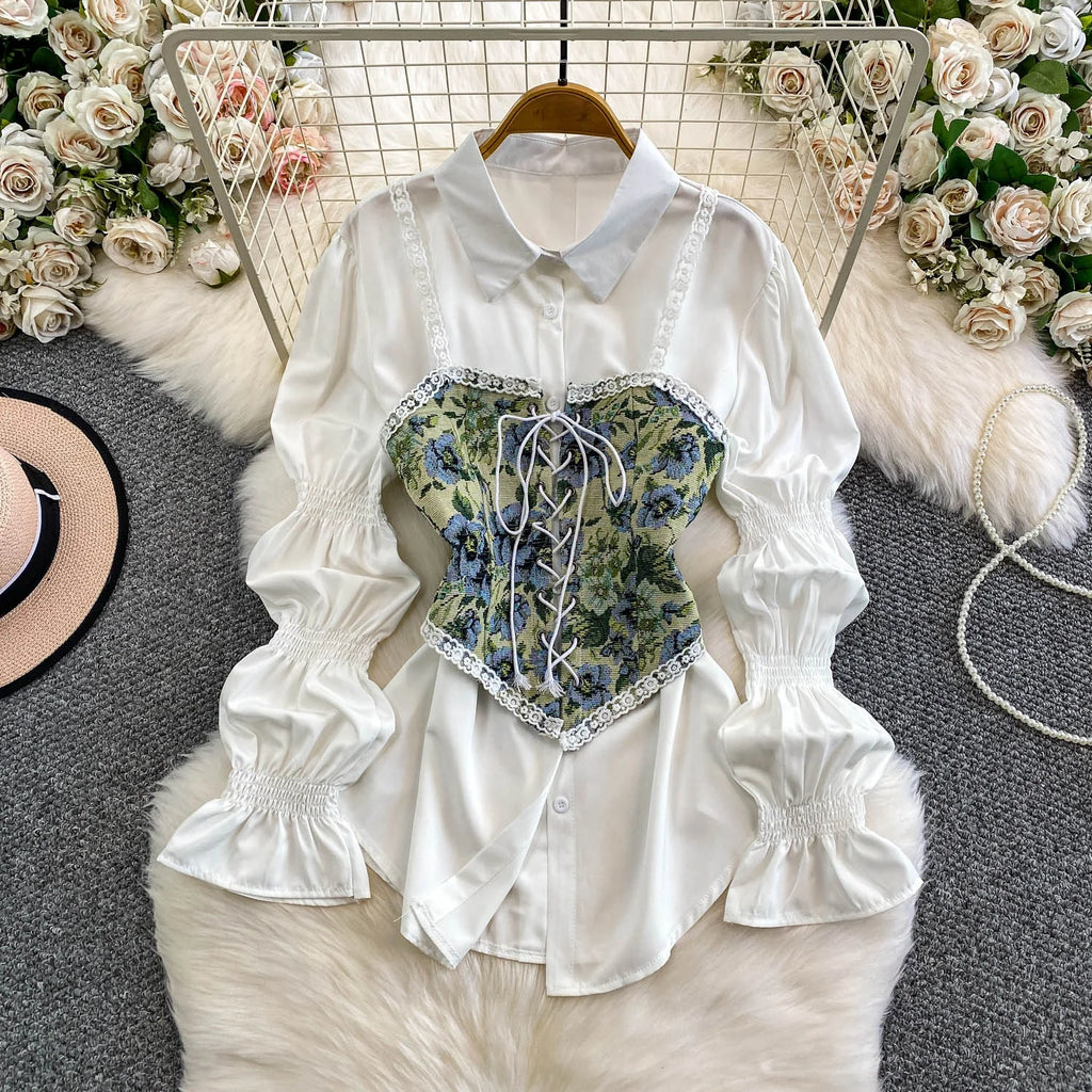 Retro Lace Patchwork Bell Sve irt Set Sweet Sle Slimming Waist Design Strap Top Versatile Long Sve Printed Casual Wear