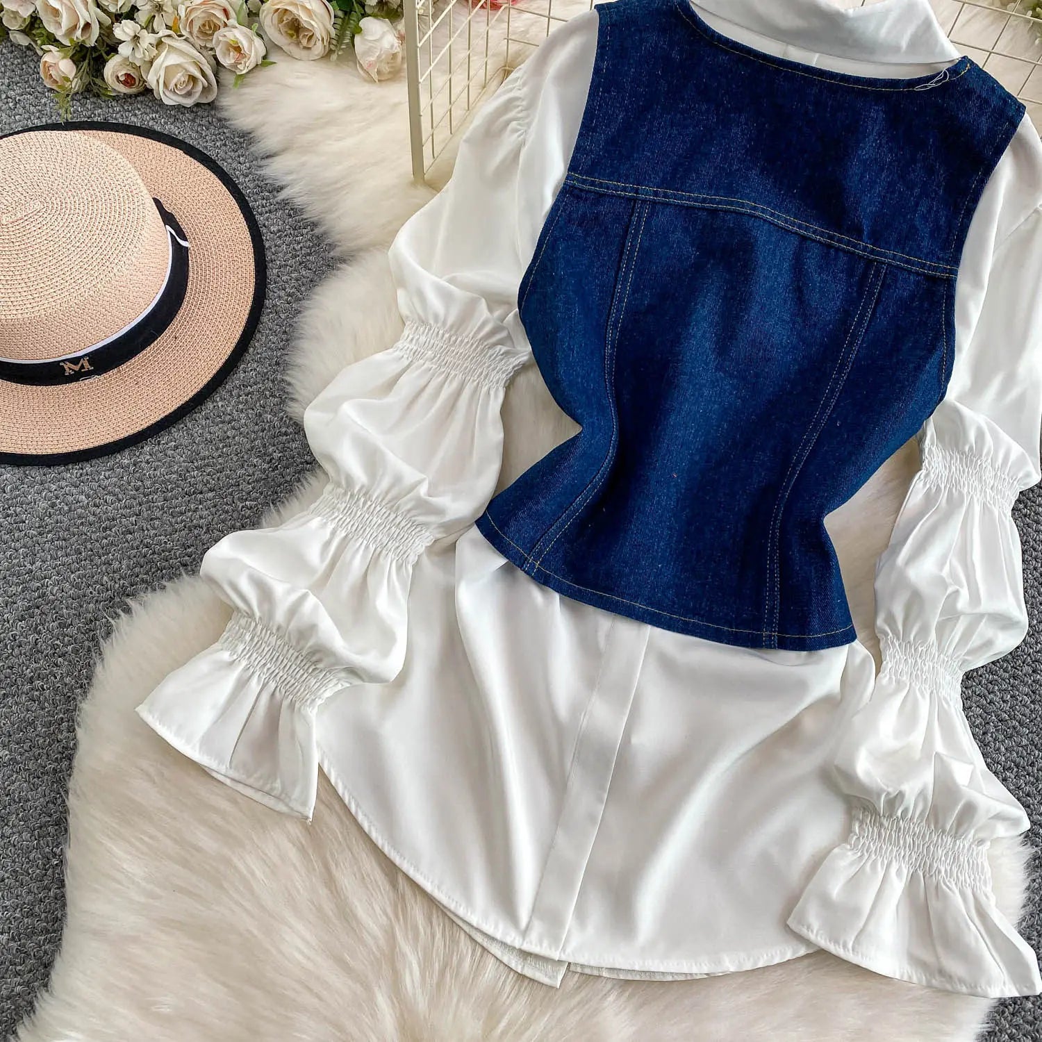 SuperAen Korean Style Office Lady Loose Lantern Sleeve Shirt Single-breasted V-neck Vest Denim Jacket Two-piece Sets