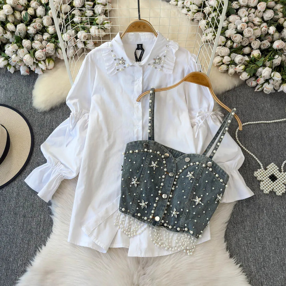 Women Winter Luxury Trendy 2pc Outfit Lady Gothic Punk Vintage Lolita Princess Sets Blouse Dress Denim Vest Motor Bike Lady Suit