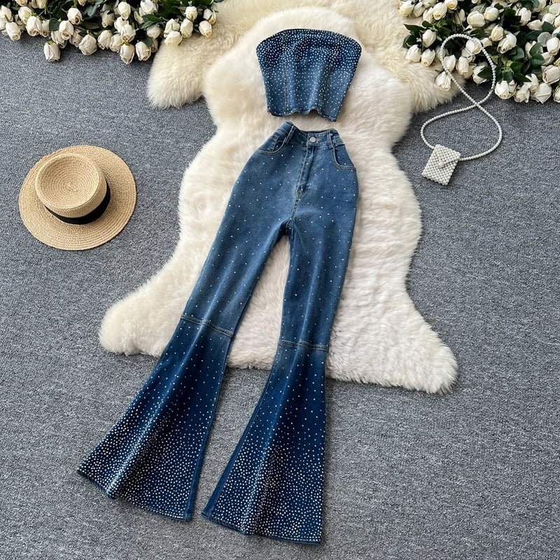 Fashion Rhinestone Set Women's Summer Retro Versatile Sleeveless Strapless Vest+high Waisted Denim Trumpet Pants
