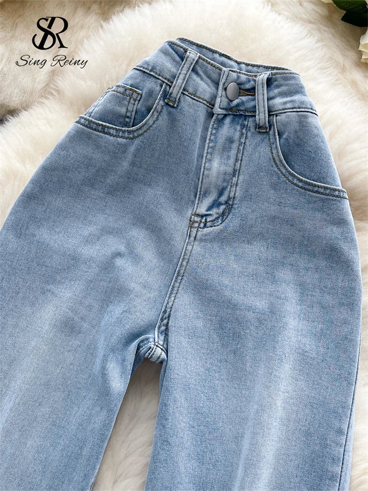 SINGREINY American Retro Denim Pants Female Zipper Buttons Design Wide Legs Trousers 2025 Fashion Embroidery Flower Solid Jeans