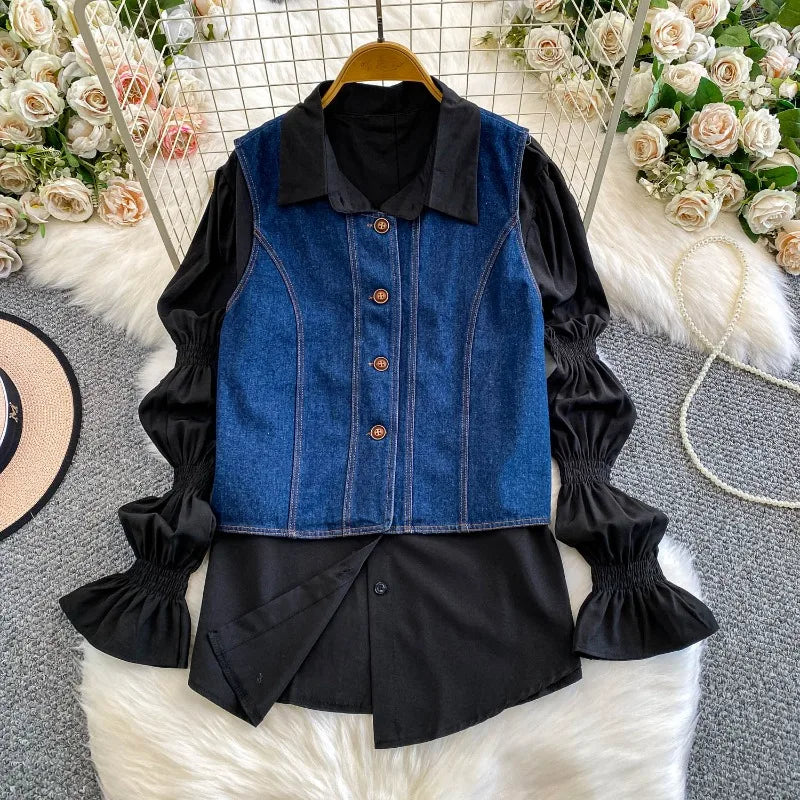 2 Piece Sets Women's Clothing 2025 Lantern Sleeve White Shirts Slim Fit Single-breasted Denim Vest Coat Suit Chic Casual Outfits