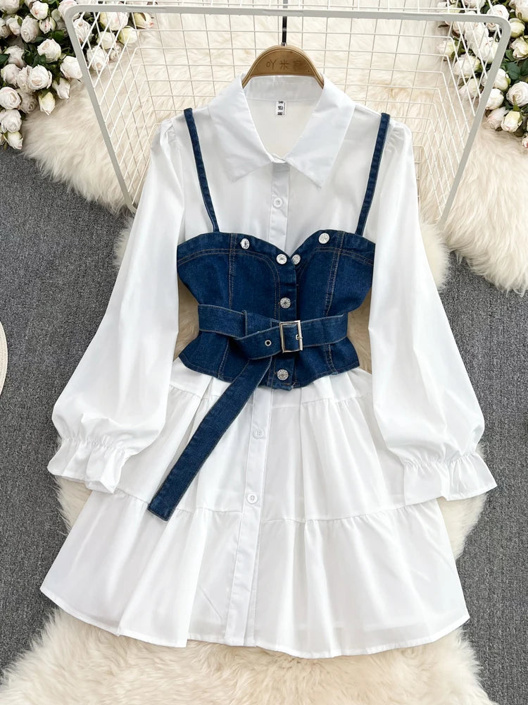 New Spring Autumn New Fashion Casual Suit Female Korean Loose White Shirt Dress Slim Vest Dress Two-piece Set GD786
