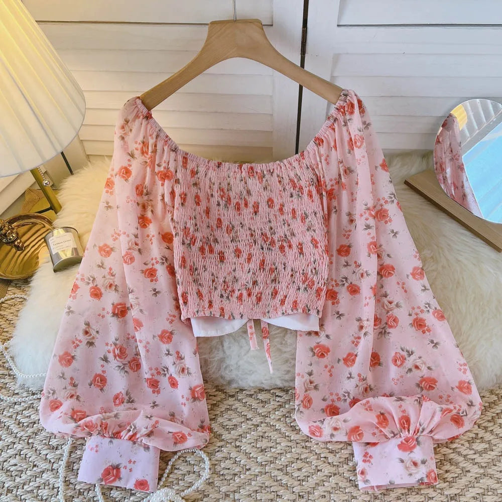 Chiffon Women Blouse New Arrival Bare Midriff Long Puff Sleeve Floral Print Lace Up Skinny Blusa Autumn Versatile Tops Dropship