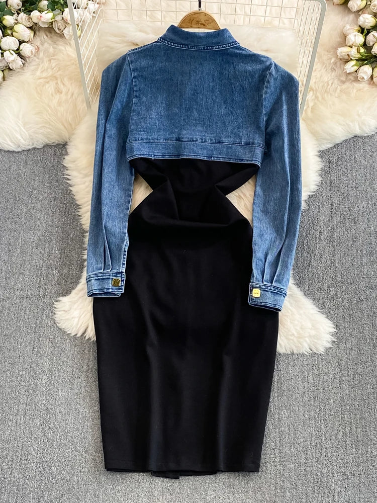 Women's Denim Patchwork Dresses Single Breasted Slim Single Breasted Wrapped Hip Dress Vestidos Fashion Spring Autumn Dress 3573