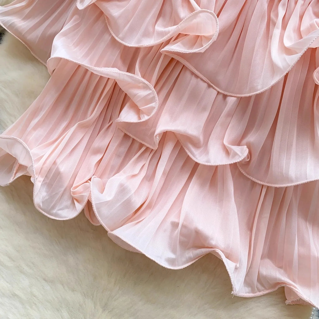 New Summer Sweet Chic Slash Neck Folded Ruffles Chiffon Shirt Women's Sexy Sleeveless Black White Short Blouses Pullover Tops