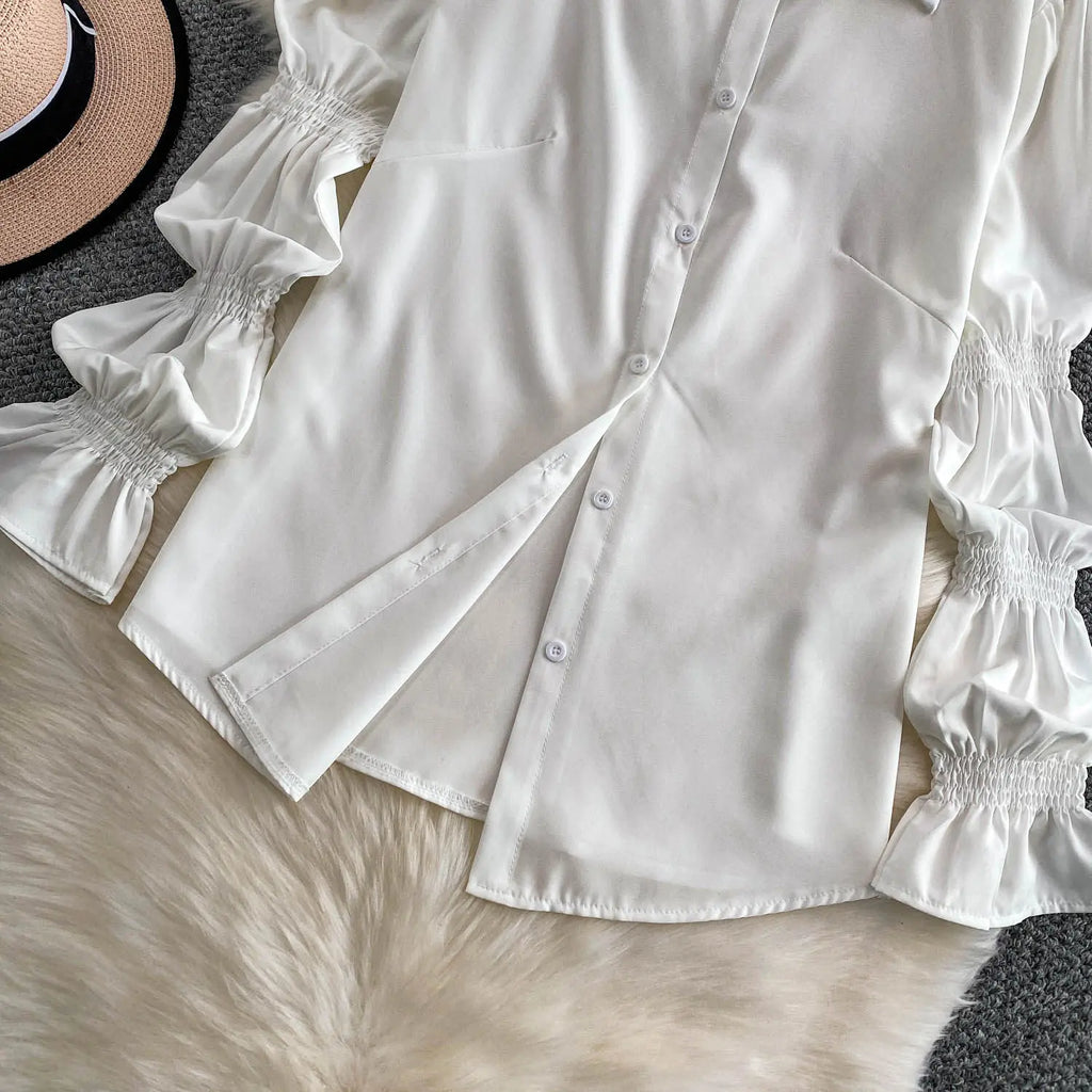 SuperAen Korean Style Office Lady Loose Lantern Sleeve Shirt Single-breasted V-neck Vest Denim Jacket Two-piece Sets