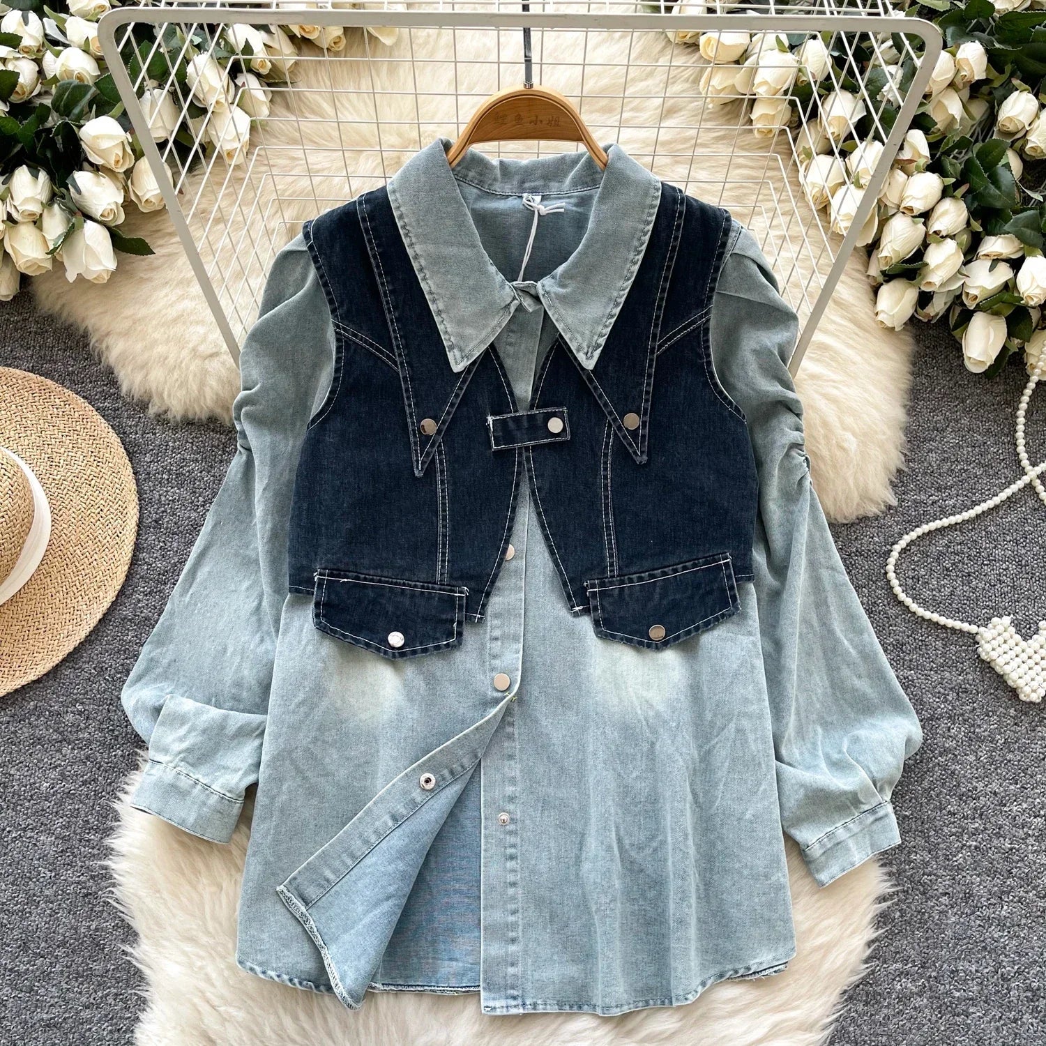 Denim Two Piece Sets Women's Clothing Gentle Suit Layered Outfit Buckle Vest Korean Fashionable Bubble Sleeve Shirts Wholesale