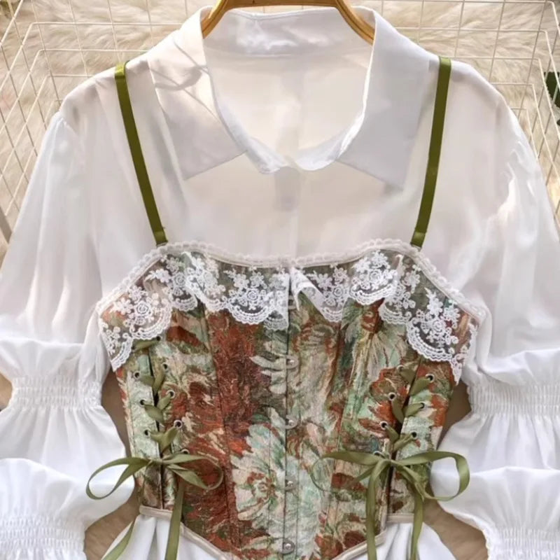 Matakawa 2 Pieces Women Shirts&blouses Print Floral Bandage Vintage Blusas Mujer Spring Autumn Korean Fashion Camisas