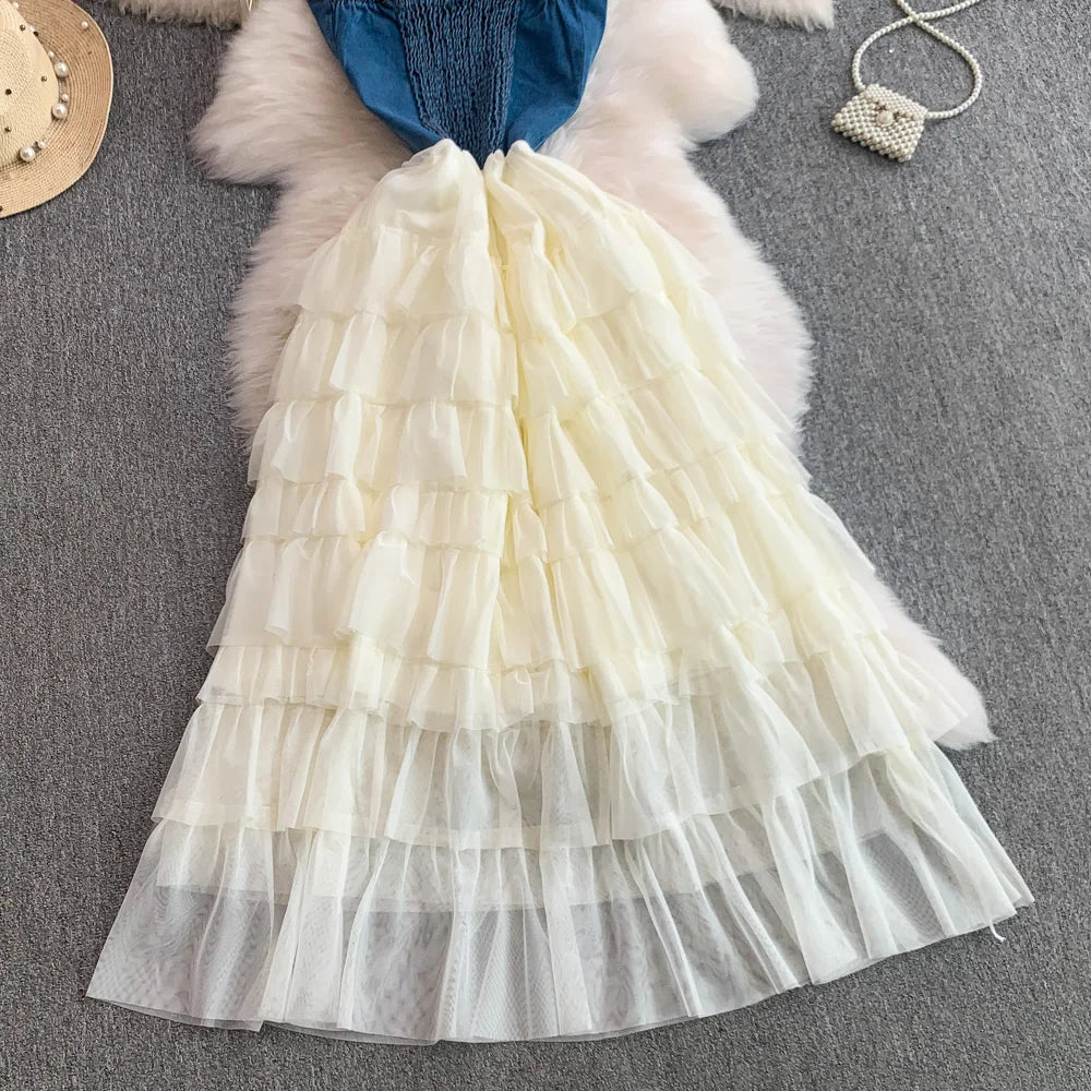 Fashion Denim Mesh Splicing Slip Dress Summer Women's High Waist Slimming A-line Beach Long Dresses Chic Cake Vestidos