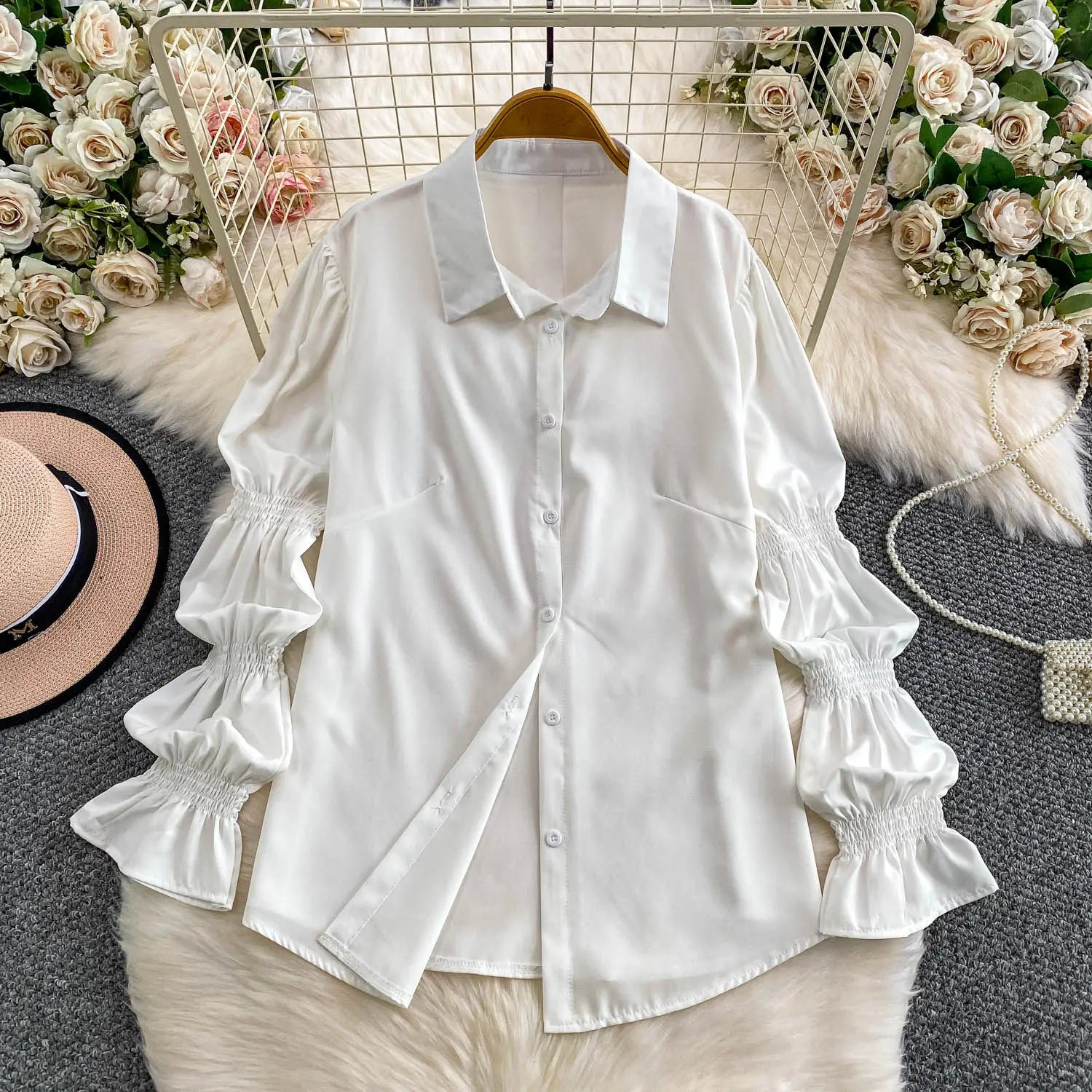 SuperAen Korean Style Office Lady Loose Lantern Sleeve Shirt Single-breasted V-neck Vest Denim Jacket Two-piece Sets