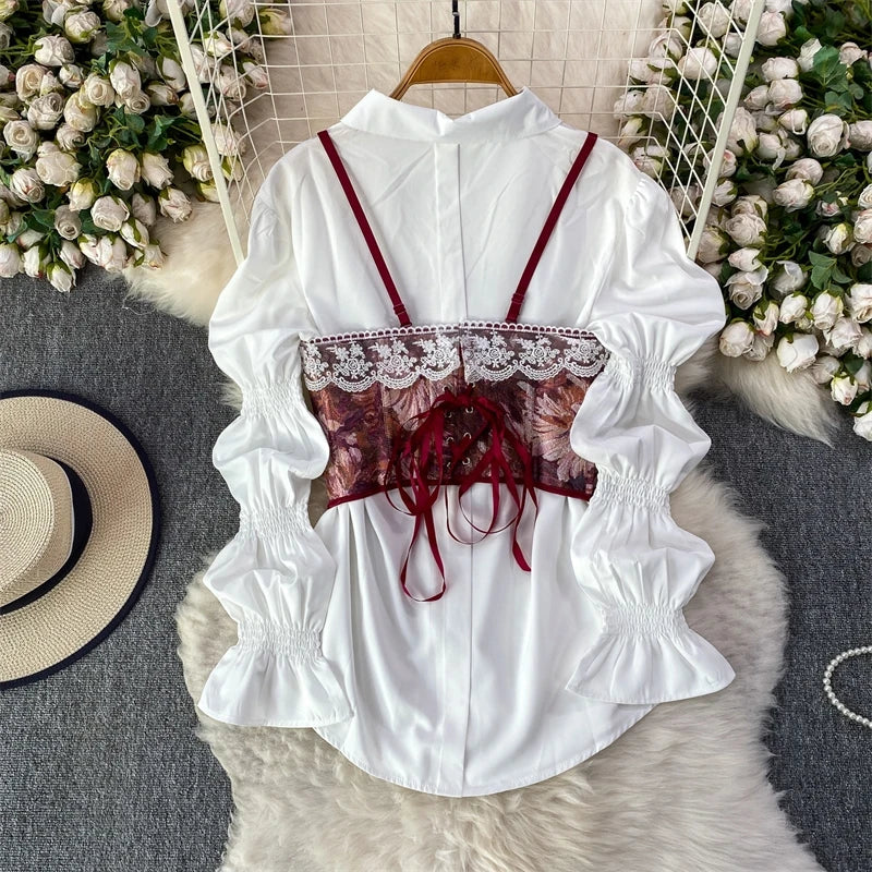XFPV Elegant 2 Pieces Set Lace Splicing Waist-cinching Slim Jacquard Camisole + Versatile Lantern Sleeve Shirt 2026 Spring New
