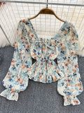 Women Spring Korean Version of The Retro Square Neck Puff Sleeve Lotus Leaf Floral Chiffon Short Blouse Tops Female D0749