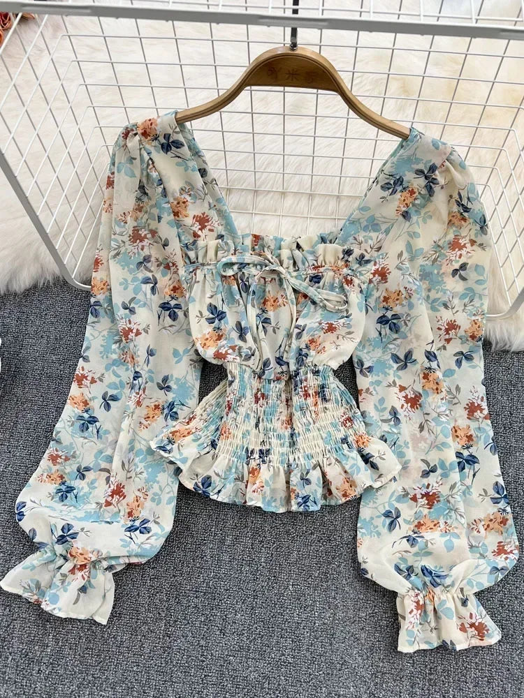 Women Spring Korean Version of The Retro Square Neck Puff Sleeve Lotus Leaf Floral Chiffon Short Blouse Tops Female D0749