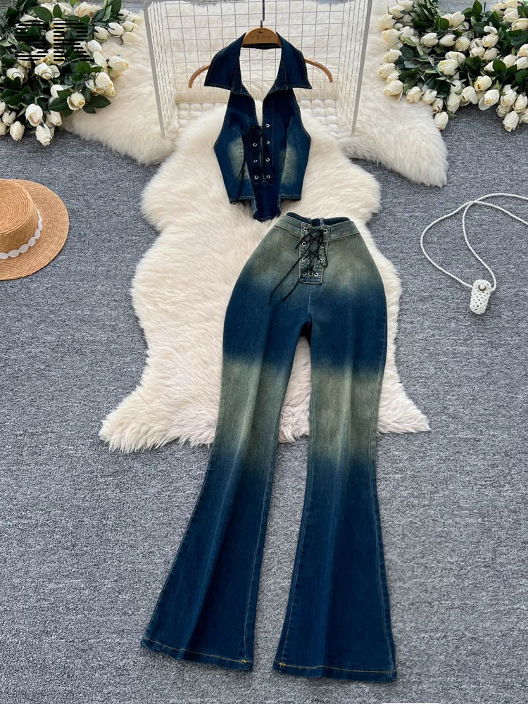 SINGREINY Women Retro Denim 2pcs Sets Halter Sleeveless Tops+Skinny Lace Up Design Jeans Female Gradient Streetwear Chic Outfits