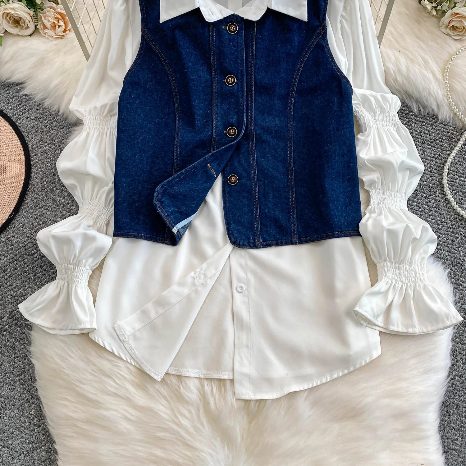 2 Piece Sets Women's Clothing 2025 Lantern Sleeve White Shirts Slim Fit Single-breasted Denim Vest Coat Suit Chic Casual Outfits