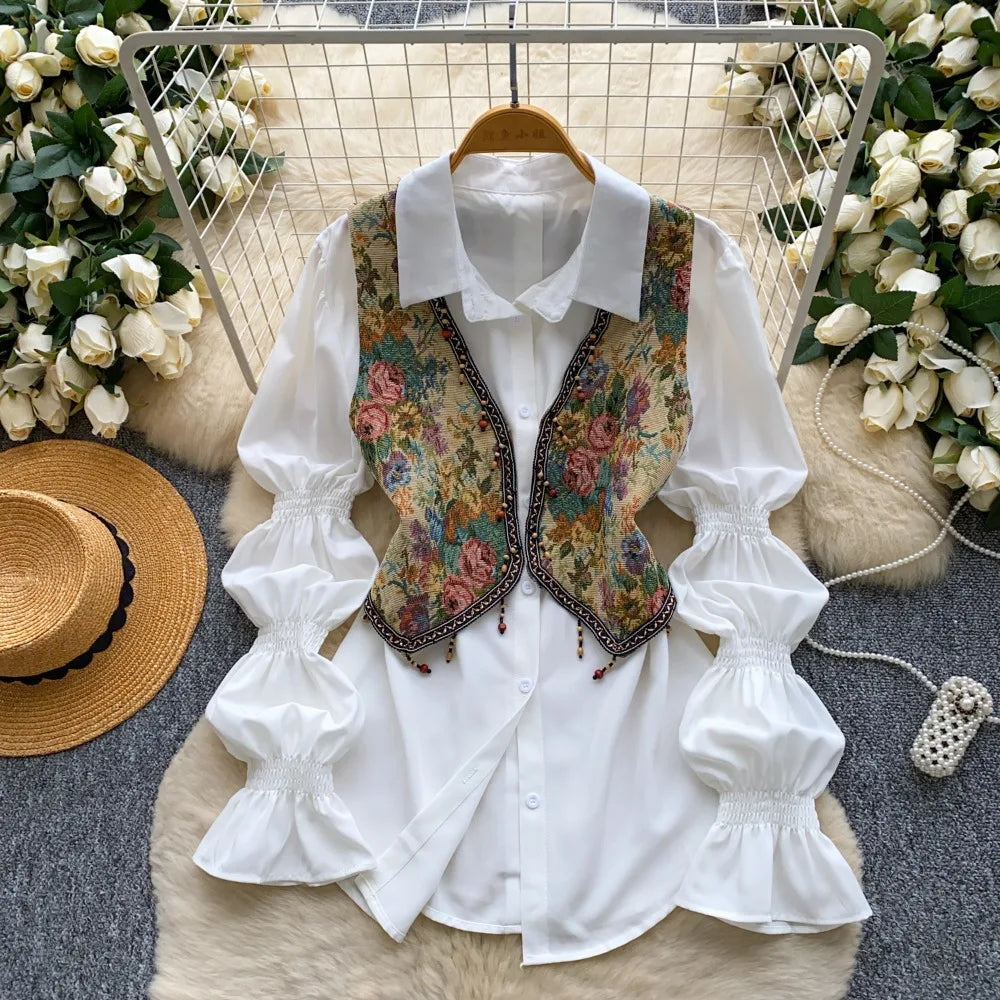 Neploe Lovely Korea Chic Court Women Clothing Minority French Style Puff Sleeve Shirts Tassel Jacquard Short Slim Casual Blusas