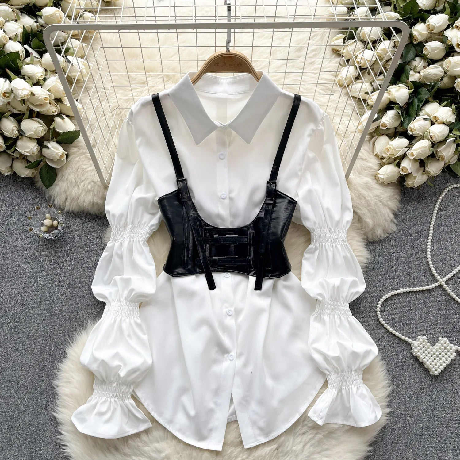 EINY Elegant T-Shirts for Women Turn-Down Collar Lapel Long Lantern Sleeve Skinny Top PU Leather Straps Waistband Stacked 2PCS