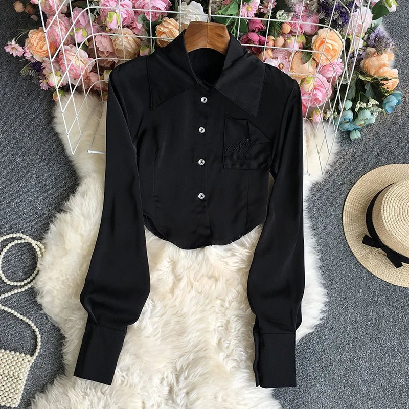 Chic casual solid crop top women’s blouse with a turn-down collar, single-breasted, long sleeves, and shirts.