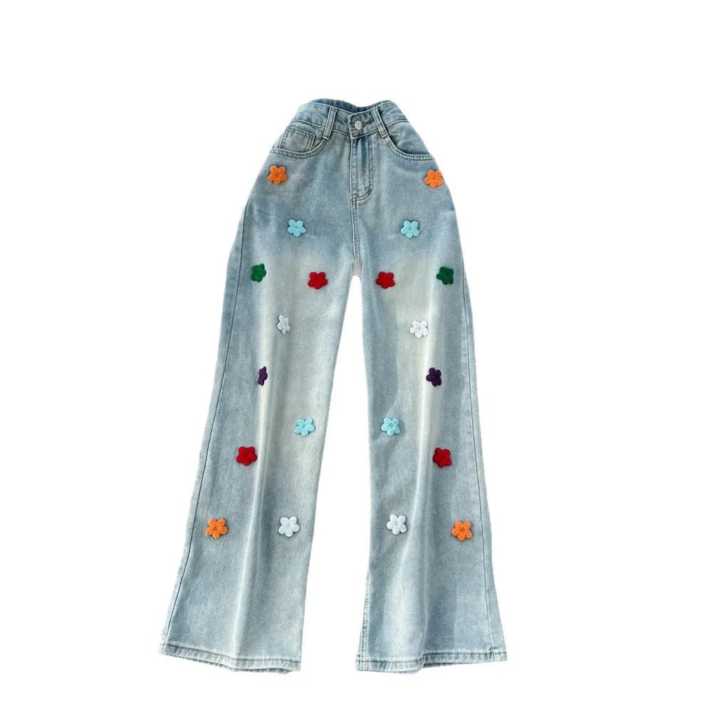 Women’s Denim Jeans Solid Pants Embroidered Floral Pocket Button Zipper Fly Empire Waist Wide Leg Pants Streetwear 2026 Spring